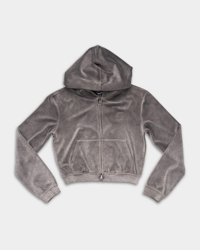 Alexander Wang Shrunken Zip Hoodie w/ Allover Hotfix Titanium | 4CC1262694-040