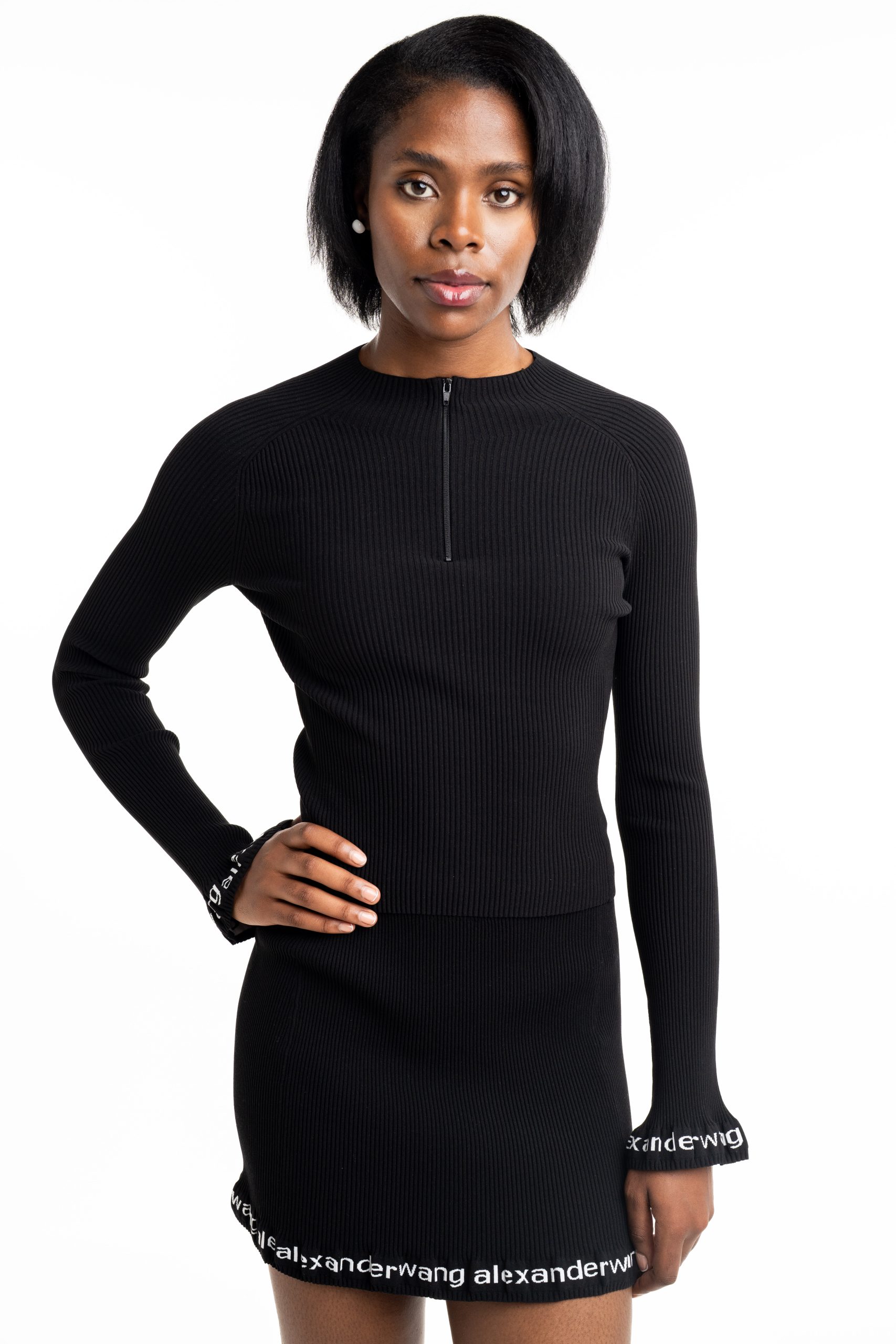 Alexander Wang Ribbed LS Zip Turtleneck Pullover w/Logo Black