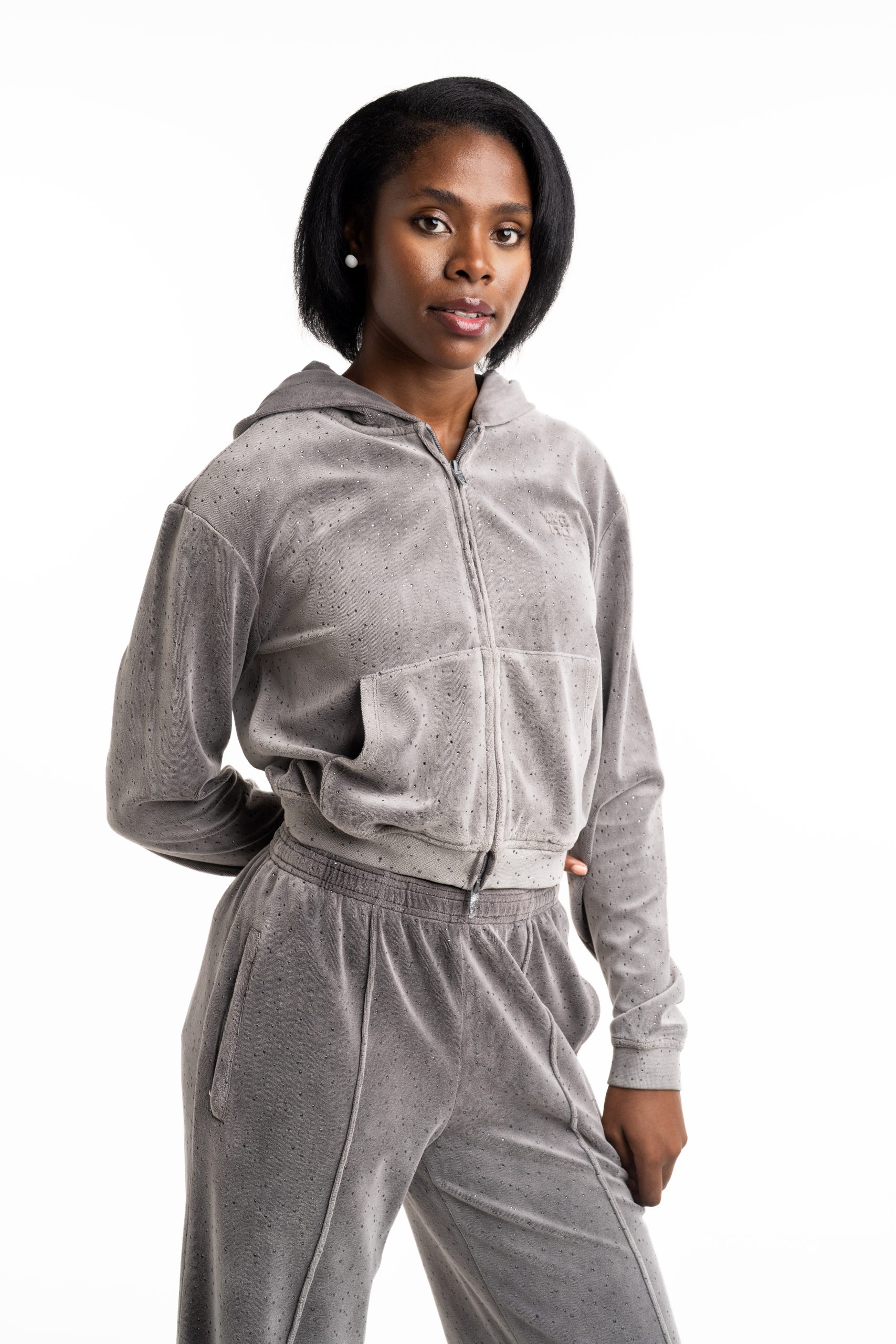 Alexander Wang Shrunken Zip Hoodie w/ Allover Hotfix Titanium