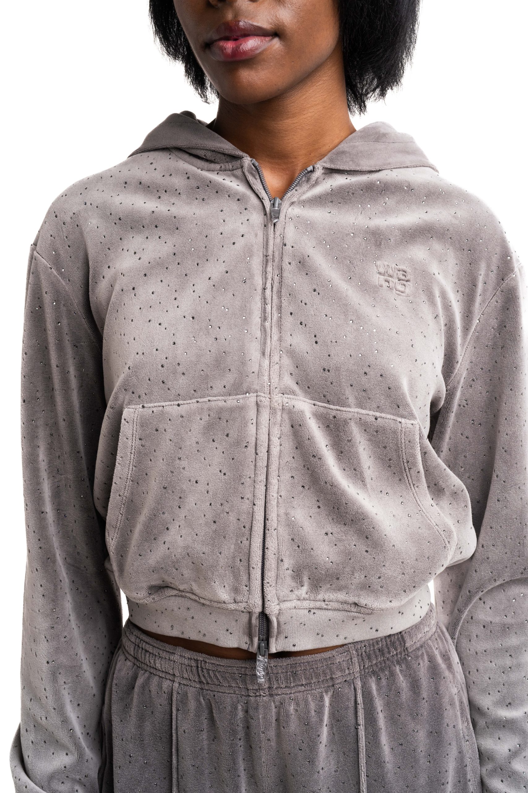 Alexander Wang Shrunken Zip Hoodie w/ Allover Hotfix Titanium Alexander Wang Shrunken Zip Hoodie w/ Allover Hotfix Titanium