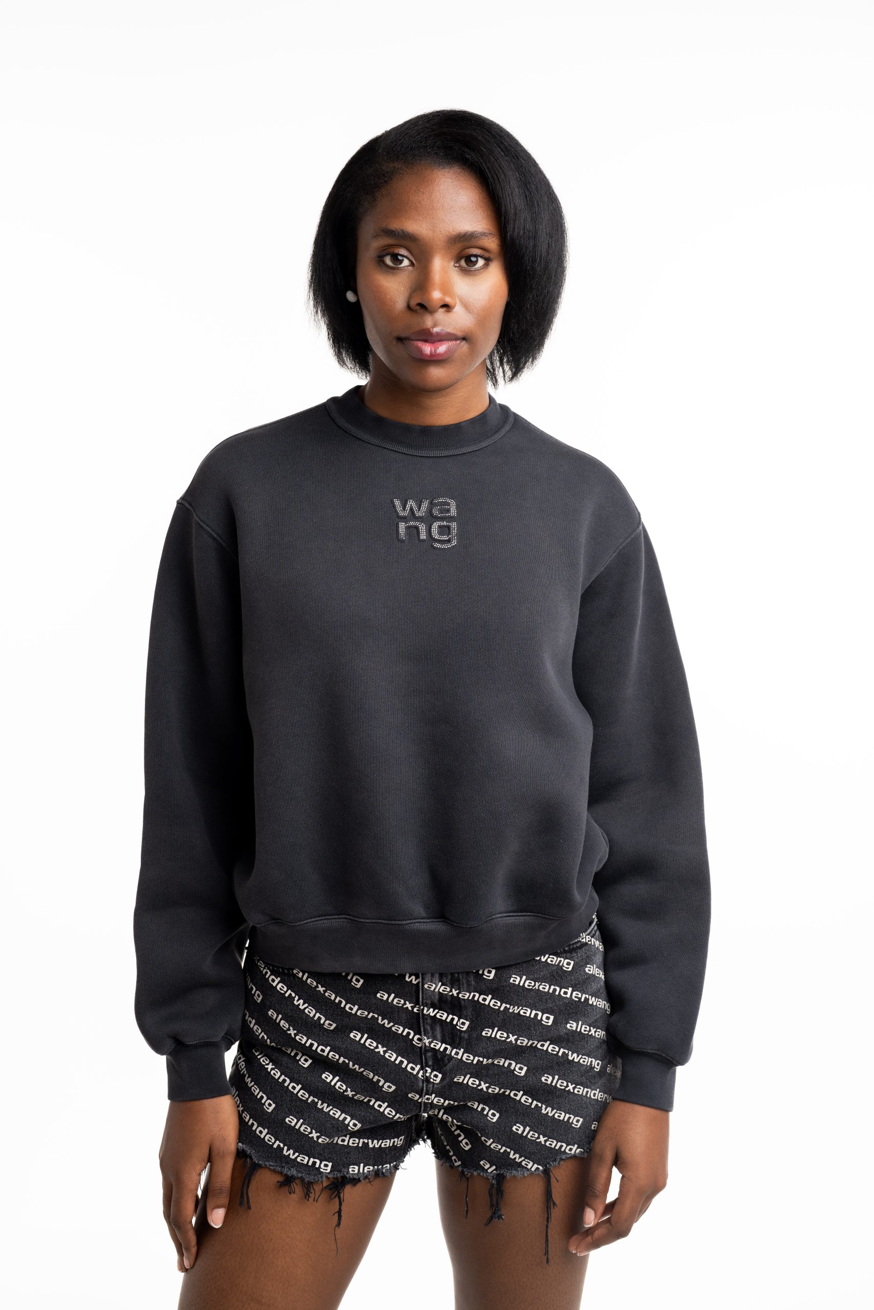 Alexander Wang Crewneck Sweatshirt w/ Hotfix Logo Washed Black